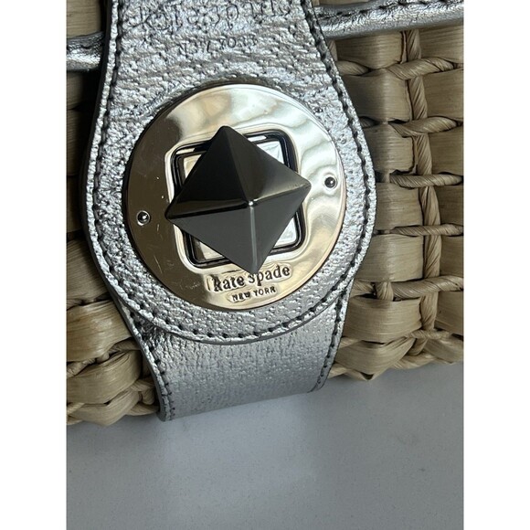 Kate Spade New York Woven Straw Basket Clutch Silver Metallic Leather Trim - Picture 3 of 12